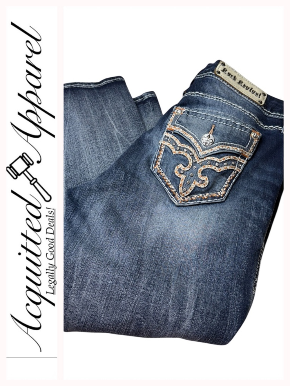 Rock Revival Delara Mid Rise Curvy Crop Embellished Wide Stitch Jeans